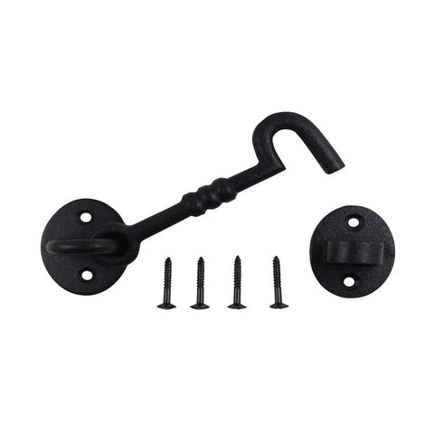 5 Inch Wrought Iron Hook And Eye Door Latch With Mounting Hardware, Rust Resistant Black Powder Coat Finish, shown with screws included