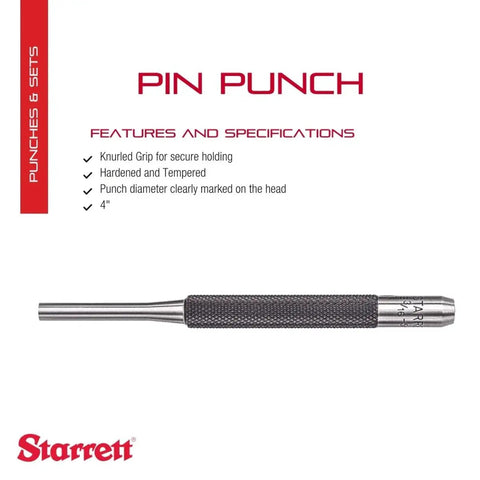 Drive Pin Punch With Knurled Grip For Driving Pins In Or Out Of A Workpiece Heavy Duty Hardened And Tempered Steel Four Inch Length Three Sixteenth Inch Punch Diameter Pro Grade Construction Tool Model 565E, 4 in, 3/16 in
