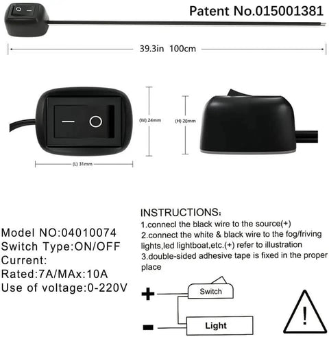 Diagram of Water Drop Paste Type Button Switch SPST 12V-230V 10A Off On Control; includes dimensions and installation instructions.