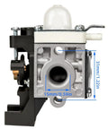 Front view of Carburetor Replacement Kit for SRM 225 and GT 225 Trimmers Weed Eater with dimensions marked on carburetor