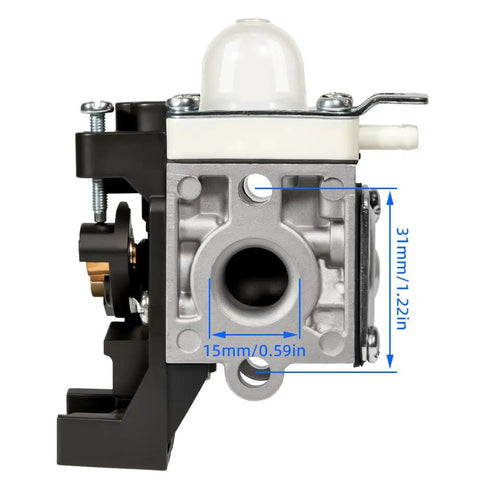Front view of Carburetor Replacement Kit for SRM 225 and GT 225 Trimmers Weed Eater with dimensions marked on carburetor