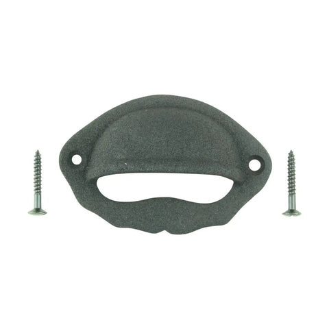 Badass Wrought Iron Cup Bin Pull Featuring Rock Solid Construction With Durable Rust Resistant Matte Black Finish Heavy Duty Kitchen Cabinet Knobs And Drawer Hardware Five Pack, 3x2in shape with two screws.