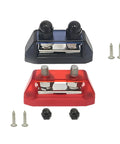Hardcore M8 Bus Bar Power Distribution Block With Dual Stud Battery Terminal Connections rated for 250 Amps, red and black design.