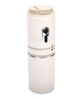 Portable Travel Coffee Maker With Built In Grinder 16 Oz Brew Cup One Touch Manual Drip Brewer in sleek white design.