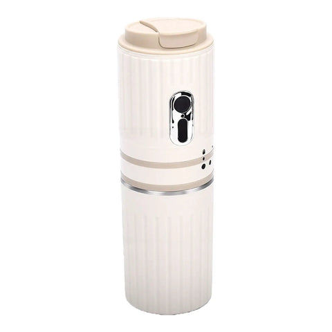 Portable Travel Coffee Maker With Built In Grinder 16 Oz Brew Cup One Touch Manual Drip Brewer in sleek white design.