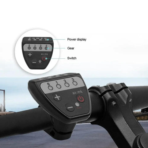 Cool New LED E Bike Display Meter Works With 36V Or 48V Bikes And Supports The Hot 02Omd Protocol For Sweet Accurate Voltage And Gear Readings On Any Ride In Stormy Or Sunny Weather. Black IP65 plastic e-bike display meter on 22mm handlebar, front view