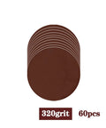 Super Smooth 2 Inch Sanding Discs With Soft Foaming Backer Plate for Drill Attachment Rotary Tool Hook And Loop Grip Includes 60 Pieces Of 320 Grit Pads For Serious Buffing And Polishing Jobs Today, stacked sanding discs showing grit and quantity.