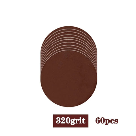 Super Smooth 2 Inch Sanding Discs With Soft Foaming Backer Plate for Drill Attachment Rotary Tool Hook And Loop Grip Includes 60 Pieces Of 320 Grit Pads For Serious Buffing And Polishing Jobs Today, stacked sanding discs showing grit and quantity.