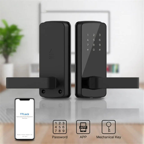Upgrade Your Pad With This Sleek And Hassle Free Electronic Door Lock A Heavy Duty Keyless Smart Lock That Slaps With App Control For Ultimate Home Security Next Level Apartment Security And Easy Setup For Any Door. Black electronic door lock with keypad and handle.