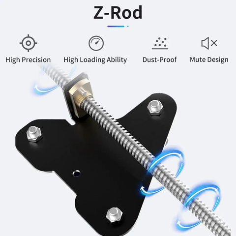 Ender 3 Dual Z Axis Upgrade Kit with lead screw shown on black metal base for 3D printer stability and precision improvements.