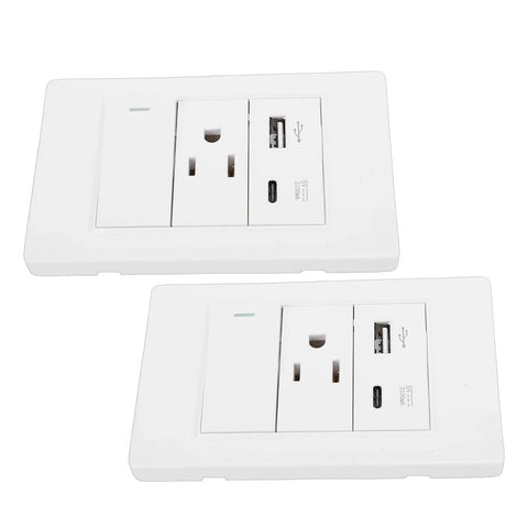 Rock Solid Heavy Duty Wall Outlet With Single Toggle Switch 15 Amp 3 Prong Socket with Type C and USB ports, white design.