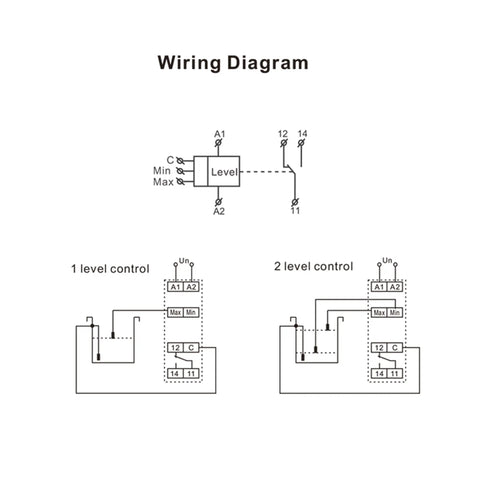 Wiring diagram for Liquid Level Controller With Timer Relay For Pumps 10A SPDT AC DC 24 To 240V Two Level Modes Or One Level Mode