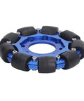 Omnidirectional wheel, angled view, blue aluminum hub with silicone rollers, 4in diameter.