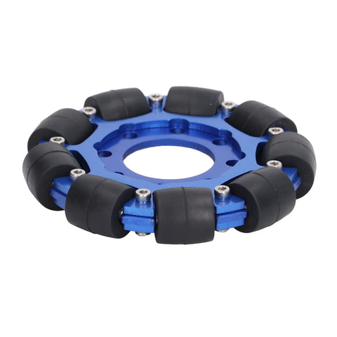 Omnidirectional wheel, angled view, blue aluminum hub with silicone rollers, 4in diameter.