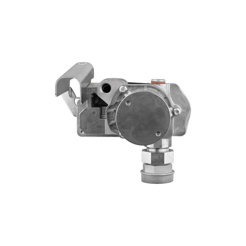 M-1115S-PO Fuel Transfer Pump For Stationary Tanks, 12 GPM At 115V, Built Tough For Gasoline Blends Up To E15, Diesel Up To B20, And Kerosene, Includes Spin Collar And Lockable Nozzle Holder For Quick, Safe Refills. aluminum fuel transfer pump side view