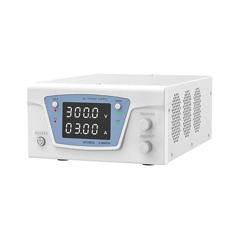Programmable 0 To 300V 0 To 3A Beefy 900W Switching Power Supply With RS485 Interface For Phone Repair And Benchtop Use Compact Rack Ready Power Source With Fast Load Transient Response And Stable High Gain Circuit, white metal front view