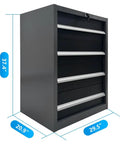 Heavy Duty Metal 4 Drawer Storage Cabinet For Garage And Workshop, Tool Organizer, No Assembly Required, front view, dimensions visible