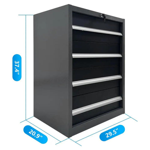 Heavy Duty Metal 4 Drawer Storage Cabinet For Garage And Workshop, Tool Organizer, No Assembly Required, front view, dimensions visible