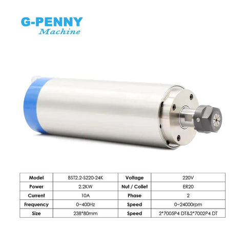 Water Cooled Spindle Motor 2.2kW 220V D80mm With 4 Ceramic Ball Bearings 24000 Rpm 0.01mm Runout displayed with specs chart