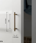 Side view of Six Pack 5 Inch Center To Center Knurled Antique Brass Cabinet Bar Handles With Blocky Triangular Mounts on a cabinet door