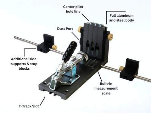 Pro Aluminum Pocket Hole Jig Kit For Precise Woodworking And Quick Joints M2 Bundle, includes features and components labeled.