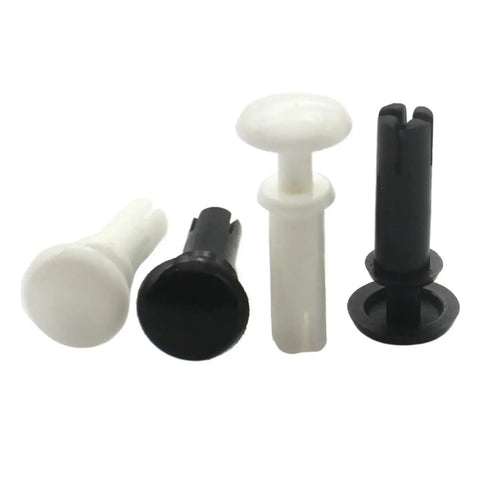 Solid Nylon Push Rivets And Plastic Snap Fasteners Lock Thin Panels Snug Tight With Zero Hassle Heavy Duty Shatter Resistant Clips, black and white variants.