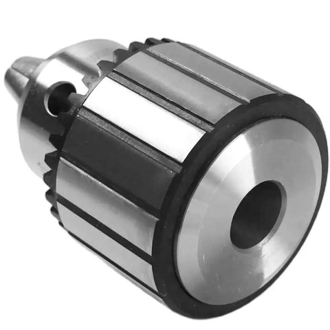 Heavy Duty MT2 Drill Chuck Assembly With Half Inch Capacity For Lathe Tailstock And Precision Shops Made Tough To Handle Any Daily Grind Job Ready With Key close-up of steel chuck with gripping jaws and tapered design.