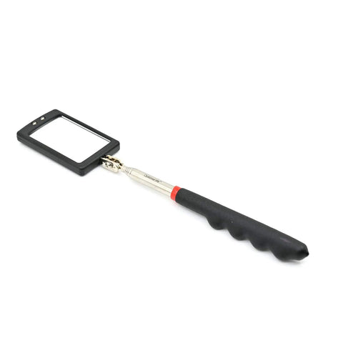 Telescoping LED Lighted Inspection Mirror with flexible arm and 360 degree swivel, soft grip visible, extended position