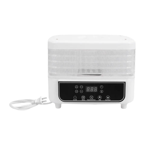 Top Shelf Food Dehydrator With Five Tier Trays And Smart Digital Timer for drying snacks, compact design with digital controls.