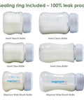 Leak Proof Travel Bottle Cap Set For Avent Bottles Six Pack With Silicone Sealing Ring Fits Avent Natural Polypropylene Glass And Classic Bottles Great For On The Go Moms Dads And Caregivers, showing six capped bottles with silicone seals.