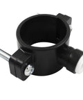 Drain Saddle Valve With Quick Connect Clamp for under sink water filtration, black ABS plastic, side view.