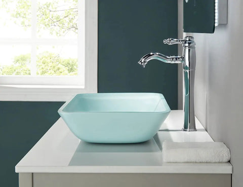 Star Macarons Candy Sandy Series Dope Tempered Glass Vessel Sink in Ice Cream Swirl on white vanity with faucet