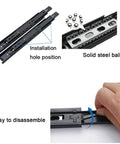 Two Pair 3-Section Full Extension Silent Drawer Slides, 10 Inch Side Mount Ball Bearing Slides with installation details.