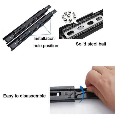 Two Pair 3-Section Full Extension Silent Drawer Slides, 10 Inch Side Mount Ball Bearing Slides with installation details.