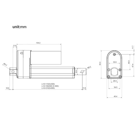 Technical drawing of Go-To Heavy-Duty 24V High-Speed Linear Actuator With 50mm Stroke And 1200N Thrust, dimensions labeled in mm