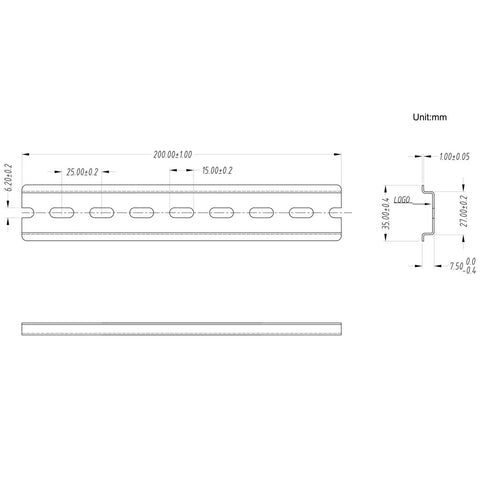 Technical drawing of Ten Piece TS Thirty Five Seven Point Five Slotted DIN Rail Zinc Plated SPCC Steel, dimensions in mm.