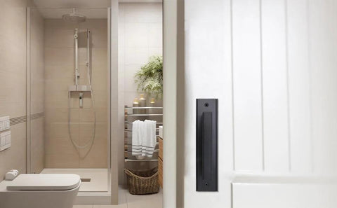 Bathroom door with 2 Pack Black Barn Style Door Pulls With Plate Punch Free 7 Inch Closet And Drawer Handles shown installed