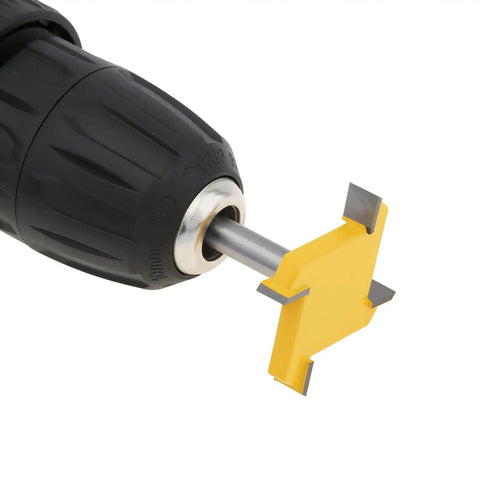 Beast Pro Grade CNC Spoilboard Surfacing Router Bit for Woodworking attached to drill, yellow head, 1/4 Inch Shank