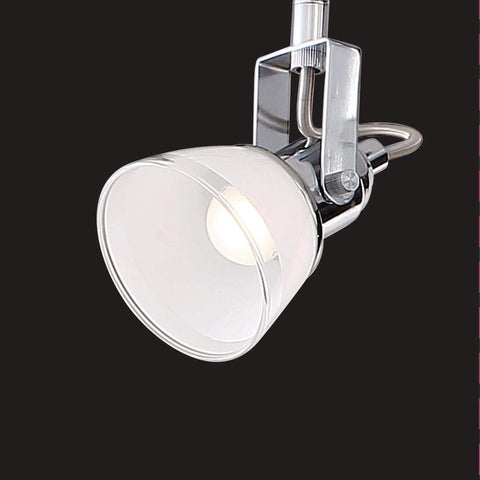 Close-up of a light fixture from the Six Light 4 Foot Chrome Integrated LED Track Lighting Kit, showing the chrome finish and LED bulb.