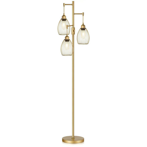 Dimmable Floor Lamp With Stepless Dimming From 0 To 100 Percent, Industrial Gold Tree Standing Lamp With 3 Teardrop Cage Heads And 800 Lumen LED Bulbs, The Go To Choice For Living Room, Bedroom, Office And Dining Room