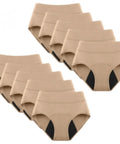 Game Changing Leakproof Incontinence Underwear Featuring Washable Cotton Briefs With Heavy Duty Absorbent Core And Waterproof Backing For Solid Bladder Protection Hella Comfy And Completely Reusable Everyday Wear, set of ten beige cotton briefs.
