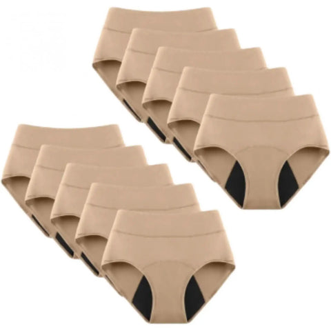 Game Changing Leakproof Incontinence Underwear Featuring Washable Cotton Briefs With Heavy Duty Absorbent Core And Waterproof Backing For Solid Bladder Protection Hella Comfy And Completely Reusable Everyday Wear, set of ten beige cotton briefs.