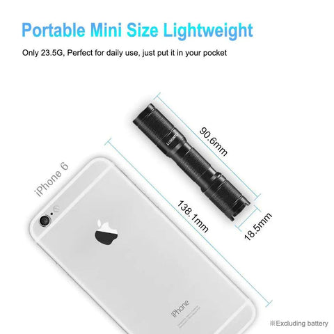 Pocket Sized Super Bright Flashlight Set With Magnetic Tail Cap beside iPhone for size comparison, highlighting compactness.