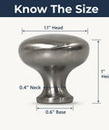 Top Shelf 25 Pack 1 1 Inch Round Cabinet Knobs In Brushed Nickel showing dimensions of 1.1" head, 1" height, 0.4" neck, and 0.6" base.