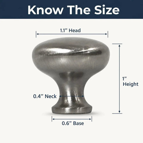 Top Shelf 25 Pack 1 1 Inch Round Cabinet Knobs In Brushed Nickel showing dimensions of 1.1" head, 1" height, 0.4" neck, and 0.6" base.