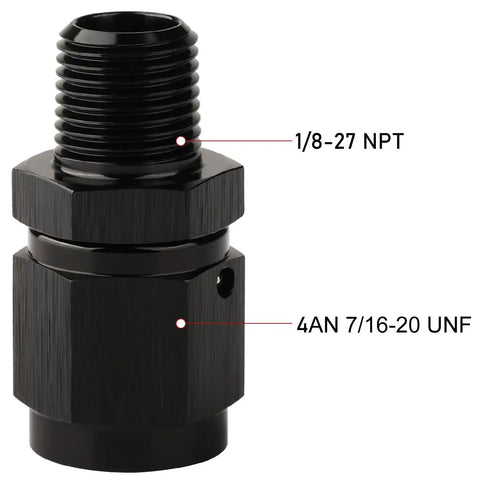 4AN Female Flare Swivel to One Eighth NPT Pipe Male Adapter Fitting Union Straight Aluminum Black High Flow Swivel Head for Easy Angle Adjustment in Liquid and Gas Applications Lightweight 6061 T6 Anodized, black aluminum fitting