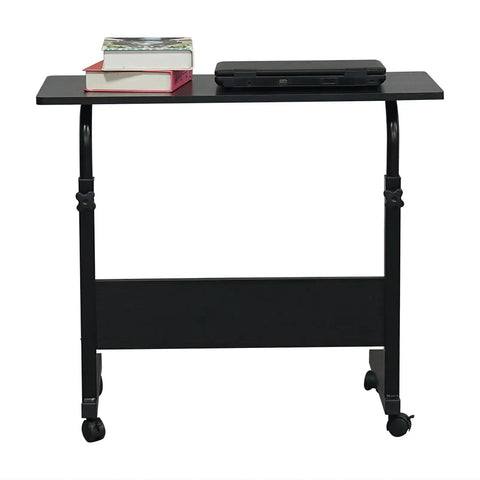 Slick Rolling Adjustable Height Computer Desk With Secure Locking Casters Heavy Duty Steel Frame And Scratch Resistant Top Mobile Standing Laptop Workstation For Tight Home Offices with books and laptop.