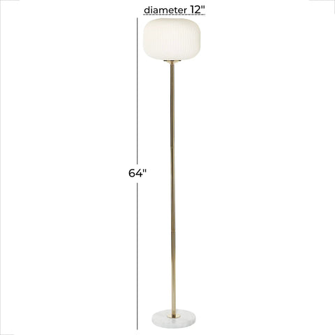 Tall Metal Floor Lamp With Round Ribbed Shade For Living Room, White Contemporary Standing Lamp, 64 Inch Tall with marble base