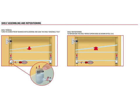 Shelf assembling and repositioning instructions for Heavy Duty Glass Shelf Pins With Nonslip Rubber Tops Premium Zinc Bracket Supports.
