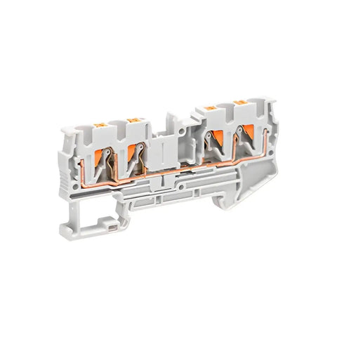 Side view of 10 Pack DIN Rail Terminal Block PT4 Quattro 4 Conductor Push In Spring Clamp 32A 800V PA66 V0 Industrial Electrical Connectors Gray